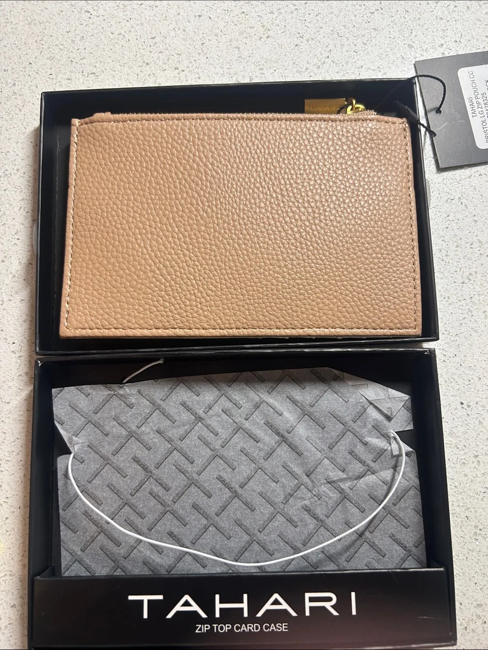 Tahari Cream and Tan Zip Card Case with Gold Accent